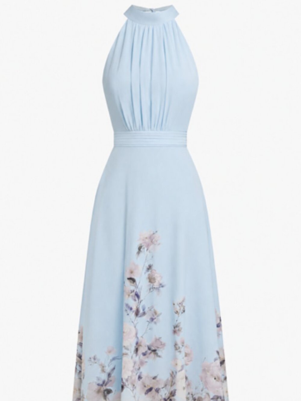 Fehaute Light Blue Floral Chiffon Halter Sleeveless A-Line Maxi Dress 10 NWT